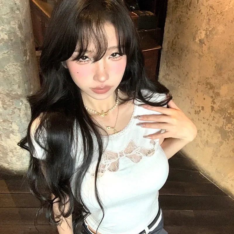 2000s Summer Hollow Out Tees Korean Style T Shirt Women Short Sleeve Cotton Y2k Vintage Crop Tops Streetwear Japanese Harajuku