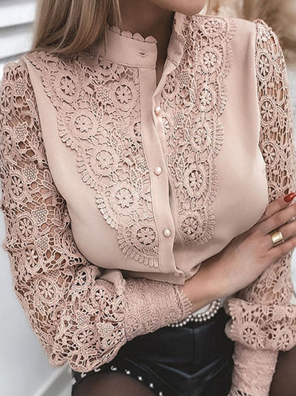 Xakxx - Women Sexy Lace Patchwork Hollow Out Shirt Blouse Long Sleeve O-Neck Mesh Design Tops Spring White Vintage Button Shirts