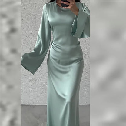 xakxx Women Satin Long Dresses Sexy Lace Up Slim Evening Dresses Simple Round Neck Flare Sleeve Birthday Party Dresses For Women