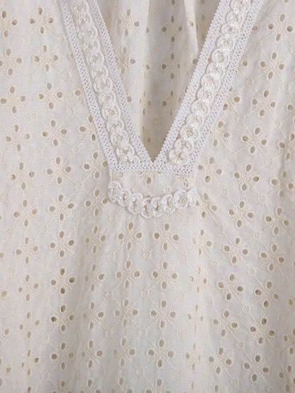 Xakxx - Embriodery Lace Cotton Blouse Shirt Women V Neck Vintage Hollow Out Tops Autumn Winter Casual Office Ladies Blouse Blusa