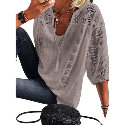 Xakxx - Women's blouse 2023 Spring/Summer Cotton Lace Shirt Spliced U Neck 3/4 Sleeve Top Women's Solid Loose Blouse