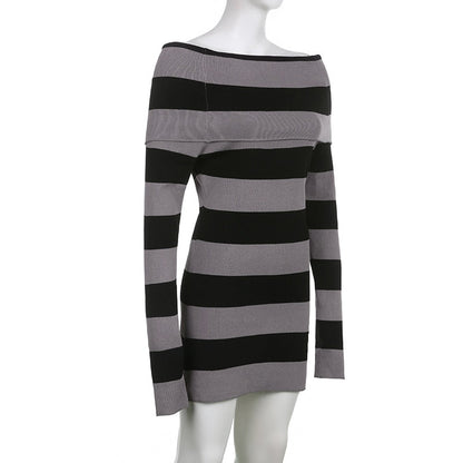Purpdrank - E-girl Striped Gothic Aesthetic Sexy Dresses Grunge Long Sleeve Knitted Skinny Dress For Women Off Shoulder Streetwear