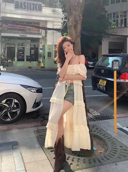 Beach Ruffles Holiday Vacation Midi Dress Women Sundress Summer xakxx Causal Off Shoulder Bandage Dresses Fashion Korean