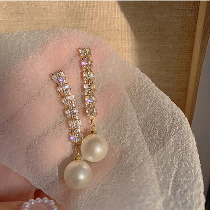 xakxx New Trend Simulation Pearl Long Earrings Women's Flower Rhinestone Wedding Pendant Earrings Fashion Korean Jewelry Earrings