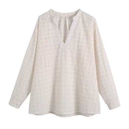 Xakxx - Embriodery Lace Cotton Blouse Shirt Women V Neck Vintage Hollow Out Tops Autumn Winter Casual Office Ladies Blouse Blusa