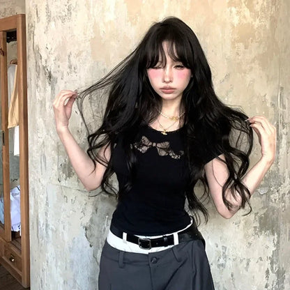 2000s Summer Hollow Out Tees Korean Style T Shirt Women Short Sleeve Cotton Y2k Vintage Crop Tops Streetwear Japanese Harajuku