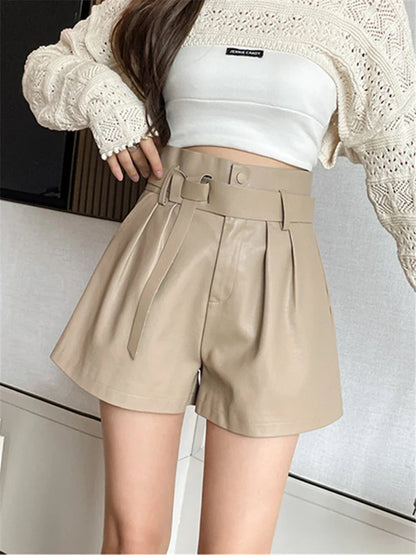Autumn Winter Women's Faux PU Leather Shorts with Belted New High Waist Ladies Elegant Short Trousers Pocket Female