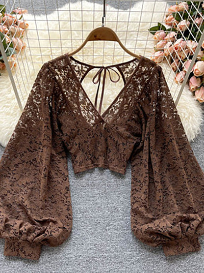 Xakxx - Autumn Black/White/Brown Sexy Lace Blouse Women Elegant V-Neck Puff Long Sleeve Open Back Short Tops Female Party Blusas 2023