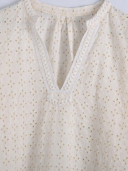 Xakxx - Embriodery Lace Cotton Blouse Shirt Women V Neck Vintage Hollow Out Tops Autumn Winter Casual Office Ladies Blouse Blusa