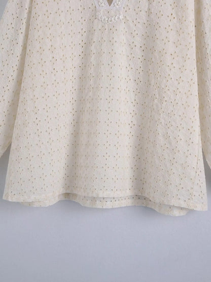 Xakxx - Embriodery Lace Cotton Blouse Shirt Women V Neck Vintage Hollow Out Tops Autumn Winter Casual Office Ladies Blouse Blusa