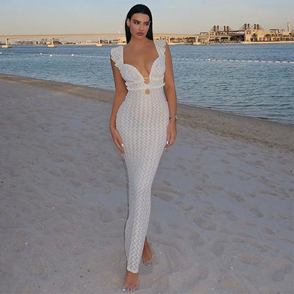 Apricot Hollow Out Maxi Dress Women Sexy See Through Backless Slim Beach Dress Summer Fashion Ruffle Holiday Party Dress xakxx