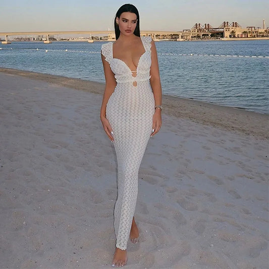 Apricot Hollow Out Maxi Dress Women Sexy See Through Backless Slim Beach Dress Summer Fashion Ruffle Holiday Party Dress xakxx