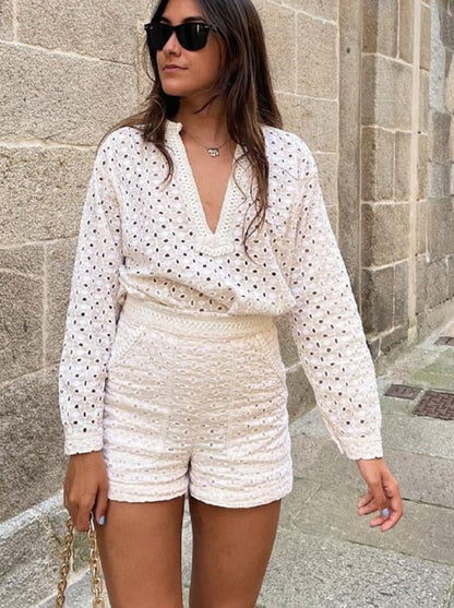 Xakxx - Embriodery Lace Cotton Blouse Shirt Women V Neck Vintage Hollow Out Tops Autumn Winter Casual Office Ladies Blouse Blusa