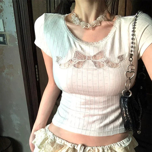 2000s Summer Hollow Out Tees Korean Style T Shirt Women Short Sleeve Cotton Y2k Vintage Crop Tops Streetwear Japanese Harajuku