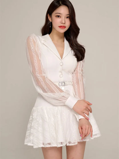 Autumn New Notched collar Belt Slim Mini Blazer Dress Women's Sexy Lace Patchwork Long Sleeve Single-Breasted Short Dress White