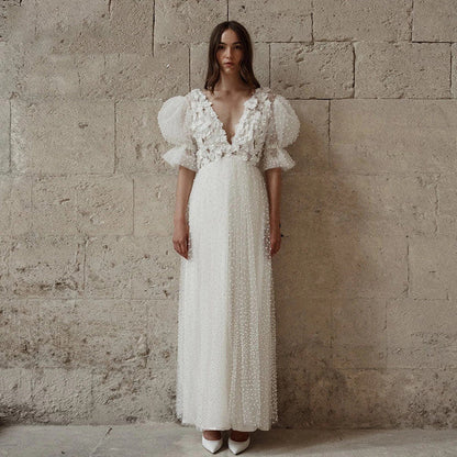 Purpdrank - 2023 Short Wedding Dresses Plunging V-Neck Half Sleeves Pearls Flowers Mini Bride Dresses Sexy Backless Illusion Formal Wedding Gowns
