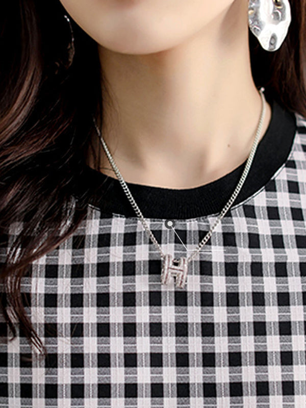 xakxx Long Sleeves Loose Elasticity Plaid Split-Joint Round-Neck T-Shirts Tops