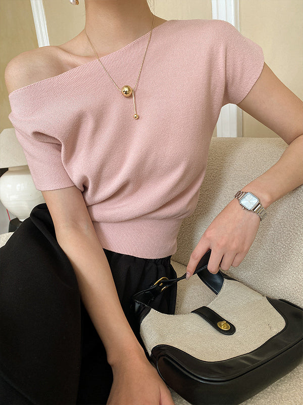 xakxx Stylish Loose Solid Color Boat Neck Knitwear Pullovers Tops