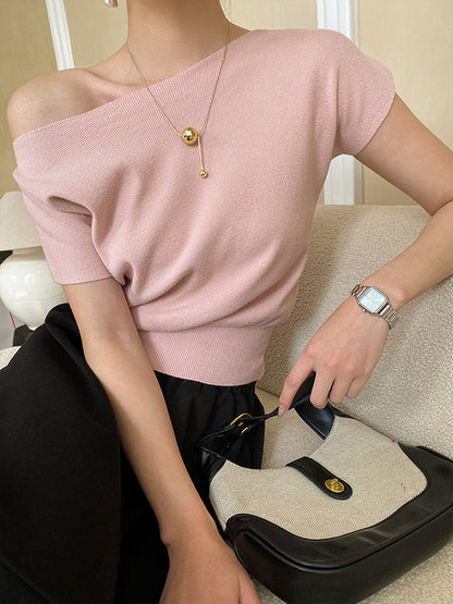 xakxx Stylish Loose Solid Color Boat Neck Knitwear Pullovers Tops