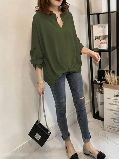 xakxx Casual Long Sleeves Loose Solid Color V-Neck Blouses&Shirts Tops