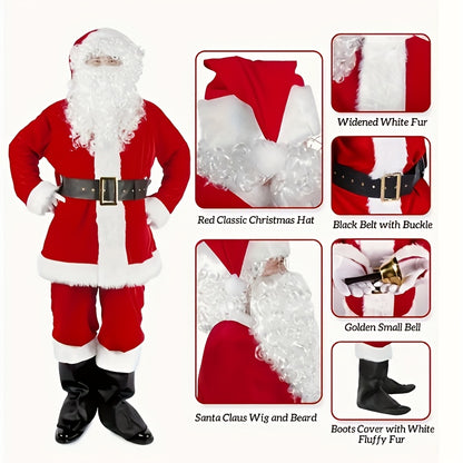 Luxurious Velvet Santa Claus Costume Set for Adults, 11pcs Christmas Outfit with Wig, Gloves, and Belt - Red Polyester, Best for Christmas