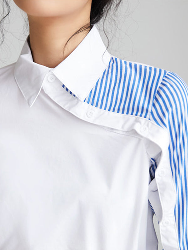 xakxx Long Sleeves Irregularity Striped Solid Contrast Color Lapel Collar Blouses
