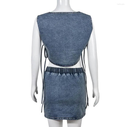 Work Dresses Summer Denim 2 Piece Skirt Sets Sexy Tank Sleeveless Side Slit Bandage Crop Top and Asymmetrical Mini Skirts Women Party Wear