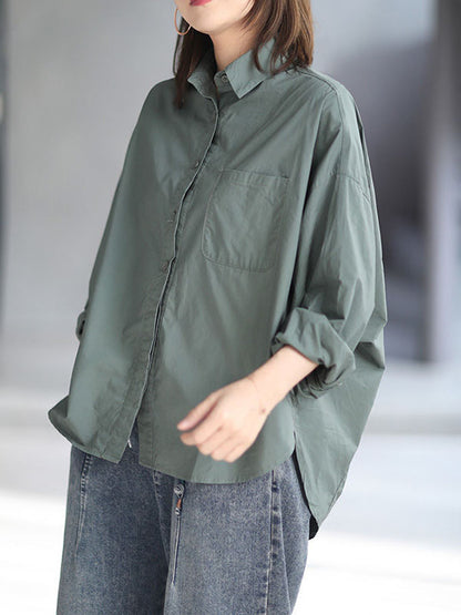 xakxx High-Low Long Sleeves Solid Color Lapel Blouses&Shirts Tops