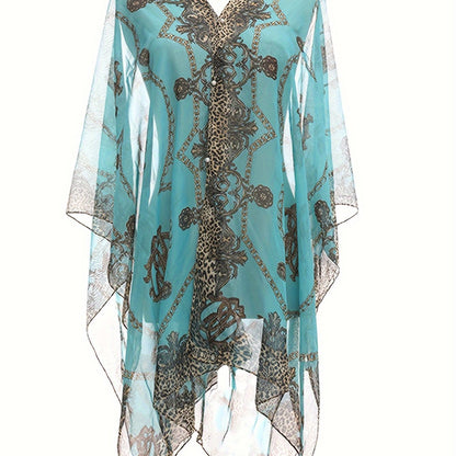 Plus Size Elegant V Neck Shawl Top - Long Sleeve, Semi-Sheer, Positioning Printed, Middle East Style, Woven Polyester Blouse for Spring, Summer, and Fall - Chic Womens Clothing for Curvy Figures