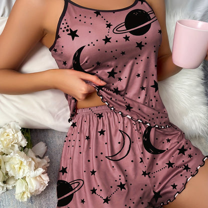 Starry Print Pajama Set, Crew Neck Cami Top & Lettuce Trim Shorts, Women's Sleepwear & Loungewear