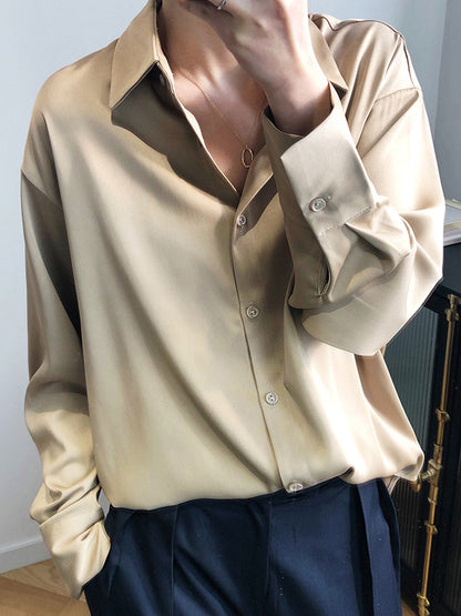 xakxx Simple Solid Color Satin Chiffon Long Sleeve Blouse