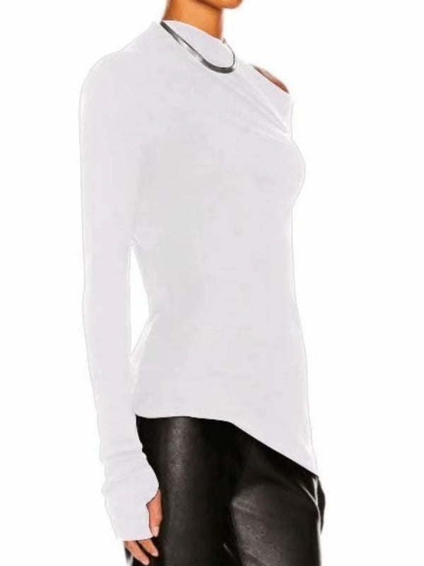 xakxx Stylish Solid Color One-Shoulder Long Sleeves T-Shirt Top