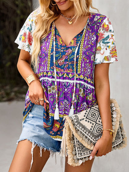 xakxx Loose Short Sleeves Buttoned Flower Print Split-Joint Tasseled Tied V-Neck T-Shirts Tops