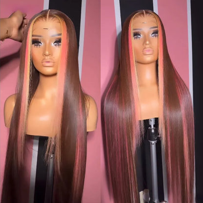 40 Inches Brown Pink Lace Front Wig Hightlight Pink Human Hair Wigs for Women Colored Straight HD 13X4 Synthetic Lace Frontal Wig Cosplay