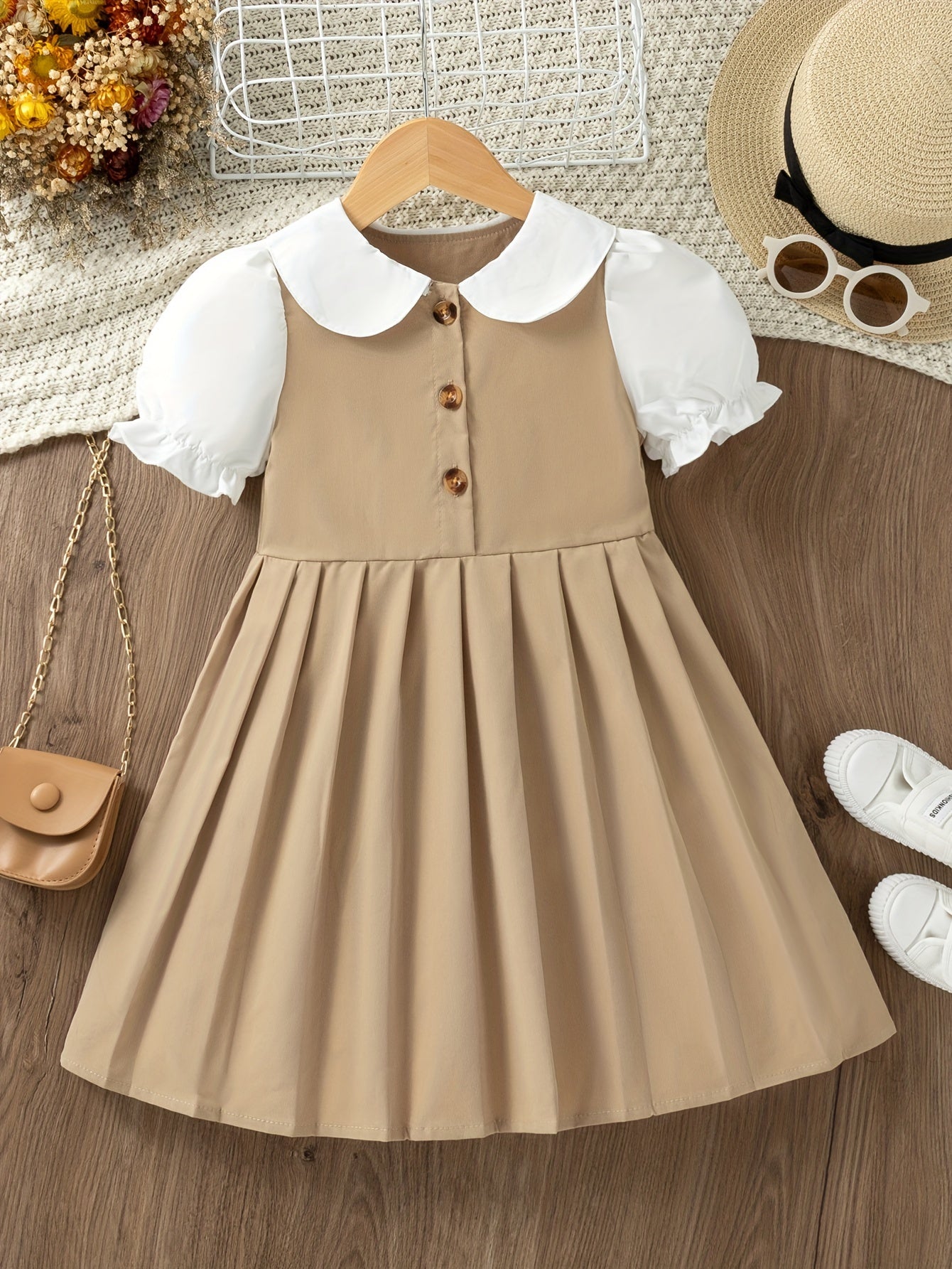 Elegant Girls Preppy Style Doll Collar Pleated Dress - Non-Stretch Polyester Fabric, Machine Washable, Solid Color, A-Line Fit, Perfect for School Uniform or Summer Casual Wear, Easy Care Instructions Included