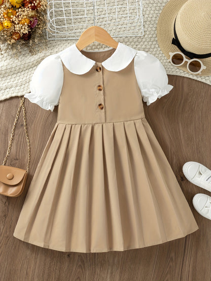 Elegant Girls Preppy Style Doll Collar Pleated Dress - Non-Stretch Polyester Fabric, Machine Washable, Solid Color, A-Line Fit, Perfect for School Uniform or Summer Casual Wear, Easy Care Instructions Included