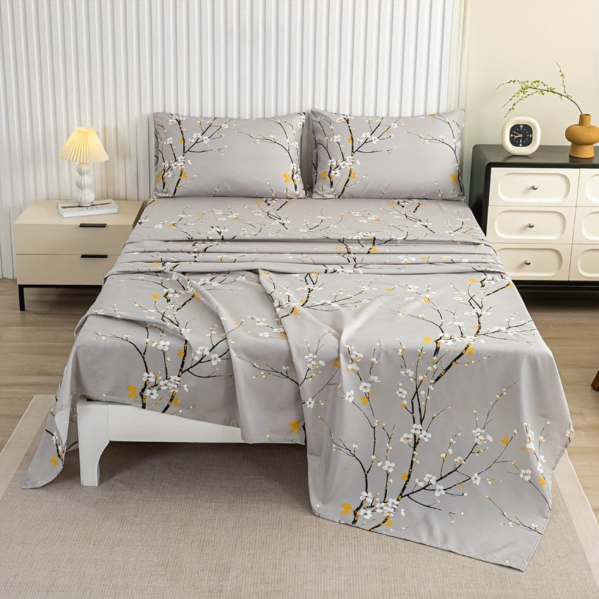 4pcs Luxury Flower Print Fitted Sheet Set - Soft, Hypoallergenic & Breathable Bedding - Wrinkle-Free & Fade-Resistant - Perfect for Bedrooms & Guest Rooms - 1 Flat Sheet, 1 Fitted Sheet, 2 Pillowcases - No Mattress Core