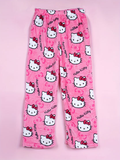 Hello Kitty Flannel Pajama Set for Women - Soft, Warm, White Anime Cartoon Print Lounge Pants - Autumn Fashion Gift Idea