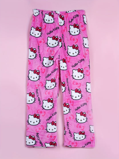 Hello Kitty Flannel Pajama Set for Women - Soft, Warm, White Anime Cartoon Print Lounge Pants - Autumn Fashion Gift Idea