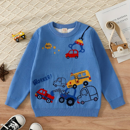 Boys Cartoon Car Pattern Sweater Round Neck Long Sleeve Stretch Warm Knit Pullover Top Kids Clothes Outdoor
