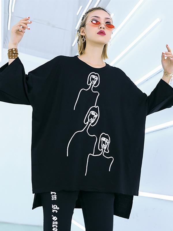xakxx Embroidered Black&White Loose Round-Neck T-Shirt