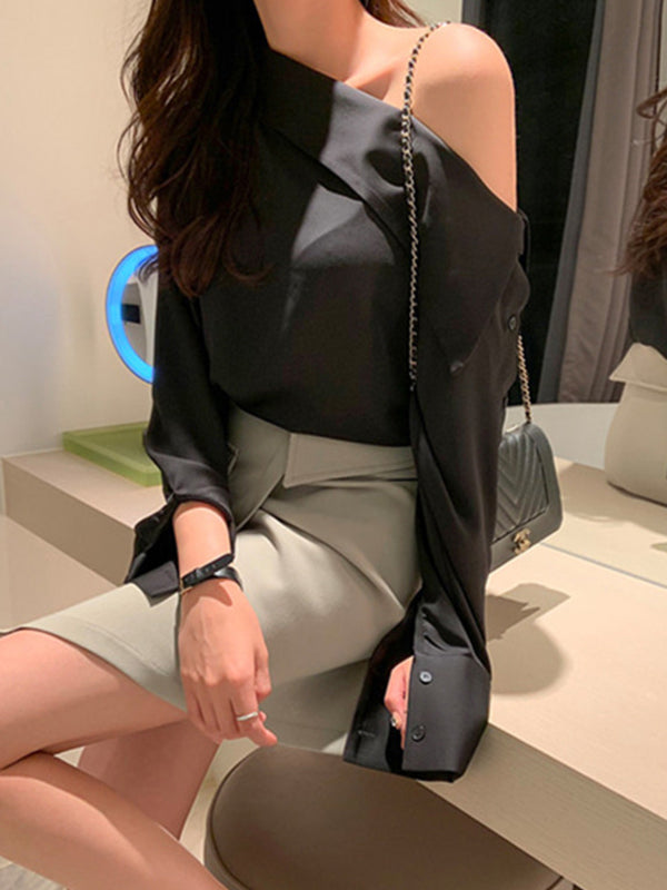 xakxx Long Sleeves Asymmetric Buttoned See-Through Solid Color One-Shoulder Blouses&Shirts Tops