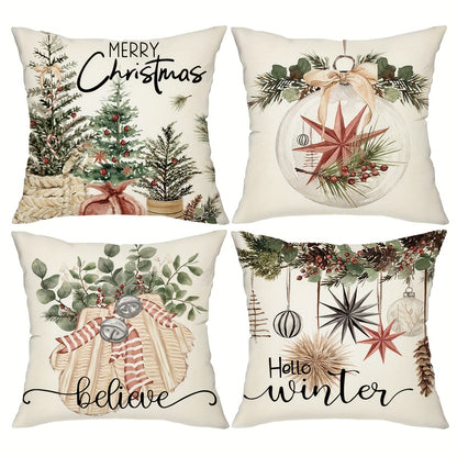 4pcs 18*18Inch Christmas Pillow Covers, Set of 4 Winter Farmhouse Throw Pillowcases for Couch Sofa Living Room Outdoor, Christmas Tree Reindeer Hello Winter Decor Without Pillow Inserts