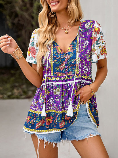 xakxx Loose Short Sleeves Buttoned Flower Print Split-Joint Tasseled Tied V-Neck T-Shirts Tops