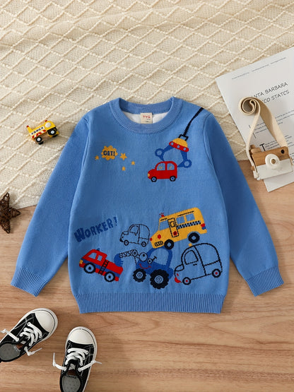 Boys Cartoon Car Pattern Sweater Round Neck Long Sleeve Stretch Warm Knit Pullover Top Kids Clothes Outdoor