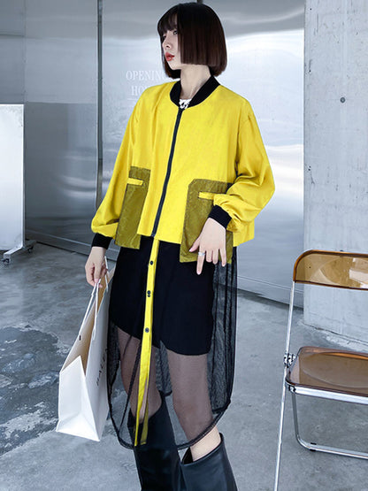 xakxx Stylish Split-Joint With Pocket Mesh Buttoned Stand Collar Long Sleeves Jacket Outwear