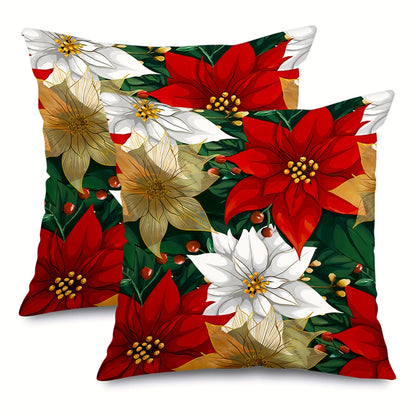 2-Pack Vibrant Christmas Poinsettia Throw Pillow Covers - Premium Zippered Polyester Cushion Cases with Seasonal Xmas Flower Design, Machine Washable, Soft and Cozy for Home Decor - Single Sided Print (No Insert)