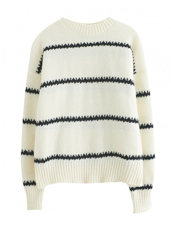 xakxx Casual Loose Long Sleeves Striped Round-Neck Sweater Tops