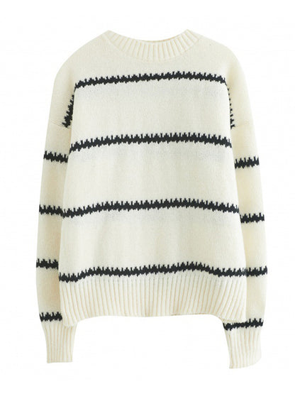 xakxx Casual Loose Long Sleeves Striped Round-Neck Sweater Tops