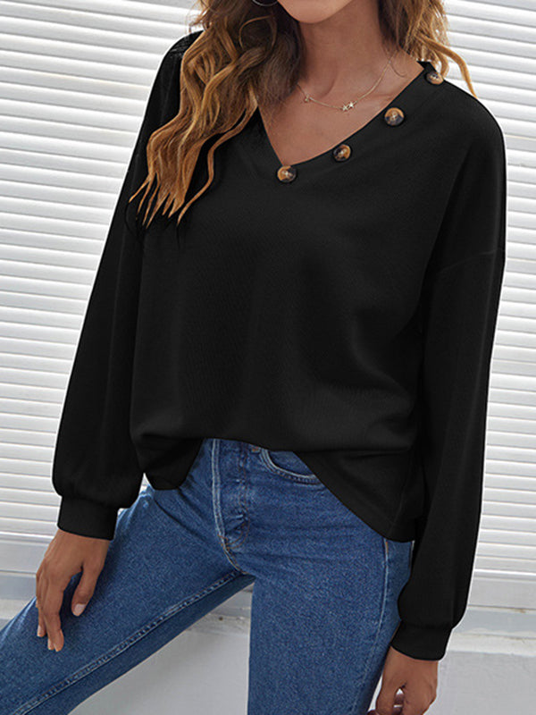 xakxx Long Sleeves Loose Buttoned V-Neck T-Shirts Tops